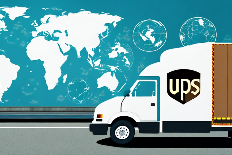A white delivery truck with the UPS logo speeds along a road, exemplifying their UPS Worldwide Saver service. Behind it, a large world map dotted with circular navigation symbols highlights efficient global shipping and logistics, ensuring prompt delivery time.