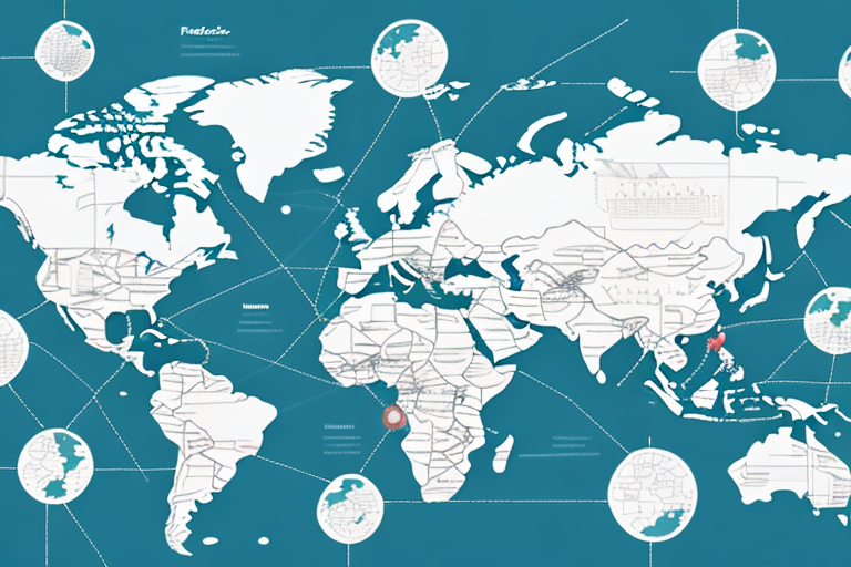 A comprehensive guide features a world map with detailed white outlines on a teal background. Smaller circular maps focus on regions like Africa and Southeast Asia, connected by lines. A red marker highlights a location in Southeast Asia, providing insights crucial for understanding FedEx shipping costs.
