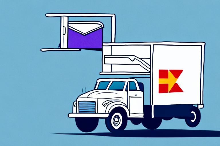 An illustration of a FedEx delivery truck with an envelope symbol protruding from the top. The truck is white with a red and yellow design on the side, set against a blue background, representing reliable overnight shipping.
