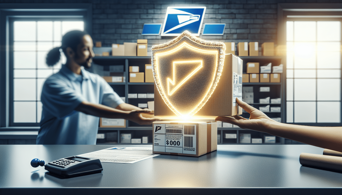 At a bustling postal office, a clerk hands over a package adorned with a glowing shield symbol, highlighting its USPS insurance. Behind them, shelves brimming with boxes stand next to a calculator and shipping labels on the counter, reflecting the careful handling of items worth every cent of insurance cost.