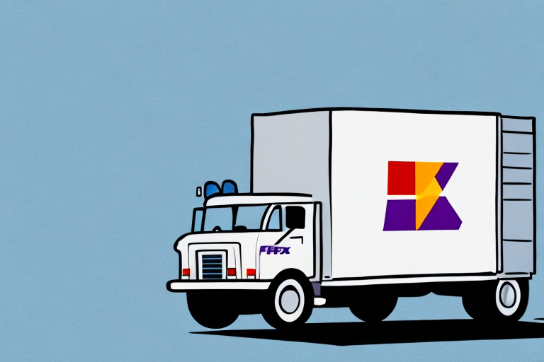 Illustration of a delivery truck with a white cargo area featuring a red and purple logo, resembling a stylized K, on a light blue background. The truck has FEX written on the cab, hinting at FedEx Shipping efficiency.