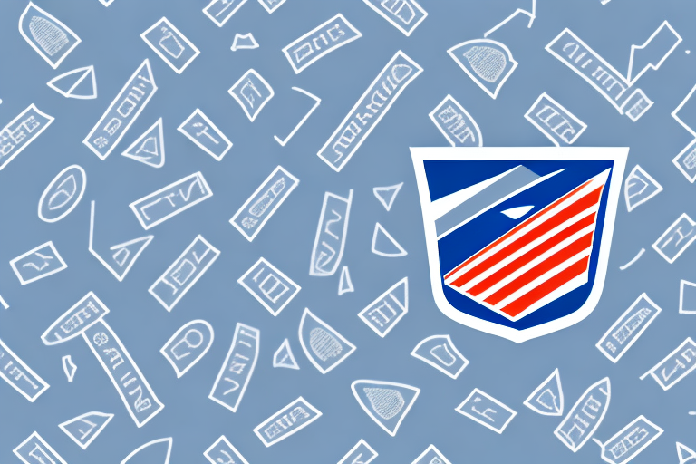 A shield-shaped emblem with red and blue diagonal stripes on a blue background symbolizes strength, much like USPS Package Insurance offers protection. Surrounding the emblem are various white geometric shapes and abstract designs, reflecting the peace of mind that comes with insuring your package.