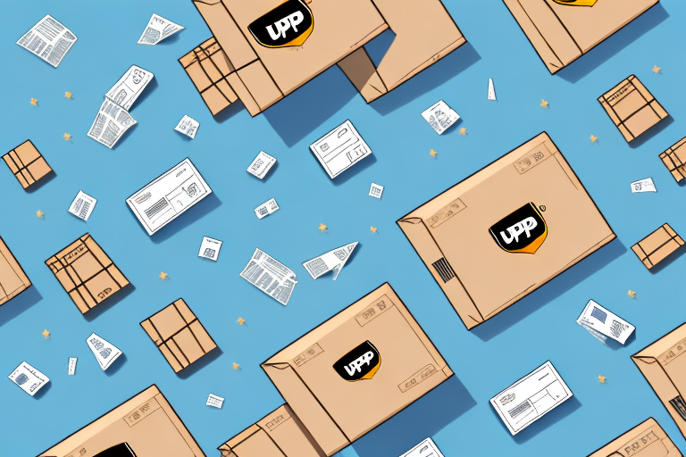 Illustration of various cardboard boxes with the UPP logo, scattered papers, and documents on a blue background. The dynamic scene hints at the bustling nature of a $3,000 shipment. The boxes vary in size, some are open, creating an energetic and busy atmosphere.