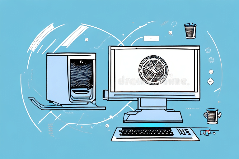 A stylized illustration of a computer setup features a desktop monitor, keyboard, and tower against a blue background. The screen displays a geometric symbol. Nearby are a mug, printer, trash can, and network-themed graphics, seamlessly blending technology with everyday office essentials.