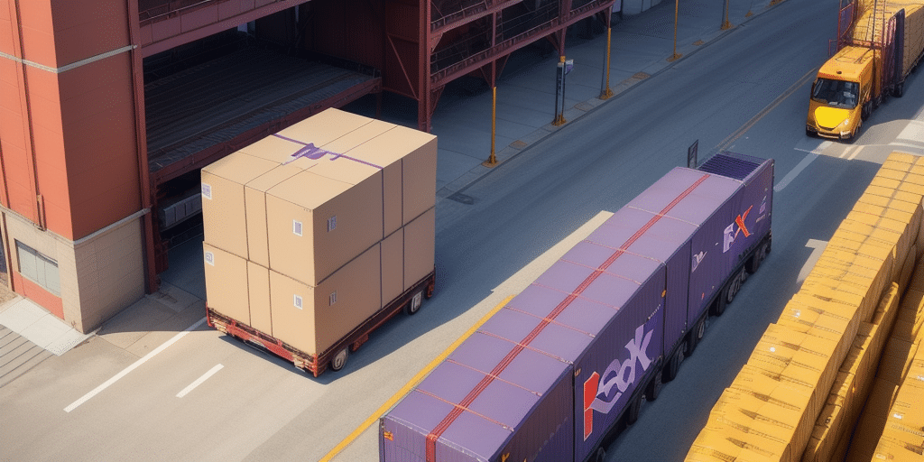 A large box labeled FedEx on a flatbed truck is being moved beside a row of container trucks and a yellow truck. Using FedEx Ship Manager for seamless access and use, the scene unfolds in an industrial area dotted with storage buildings.