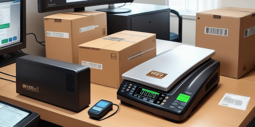 On a desk cluttered with cardboard boxes adorned with barcodes, an electronic shipping scale with a bright display sits beside a monitor showing UPS Worldship software details. Nearby, a small device awaits activation, completing the high-tech setup.