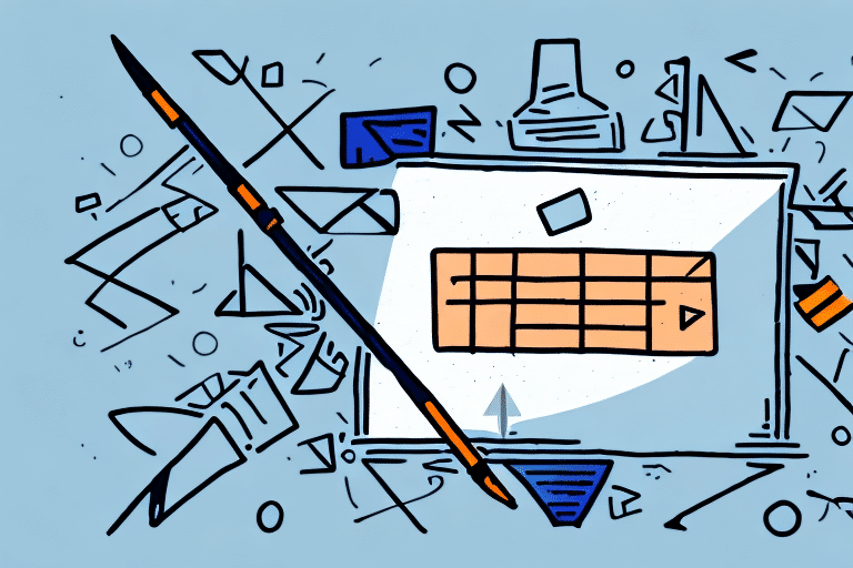 Illustration of a stylized computer monitor displaying a spreadsheet with an upward arrow, reminiscent of business solutions like FedEx Ship Manager. Floating geometric shapes surround the monitor, and a pencil is laid diagonally across the light blue background, adding references to creative design processes.