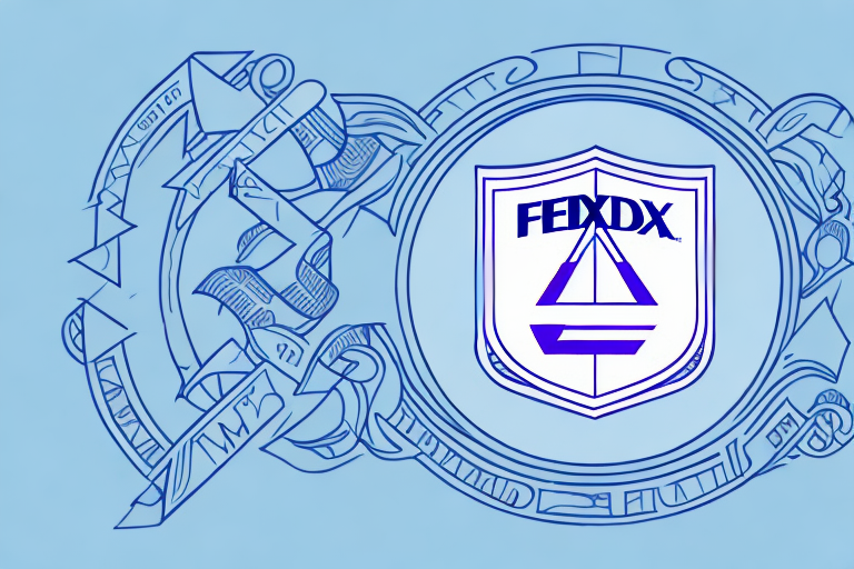 A stylized illustration with a light blue background features a shield-like emblem at the center. Inside, FEDDX appears above a geometric design of triangles and parallel lines, symbolizing FedEx shipping insurance. Ornate patterns dutifully encircle the emblem.