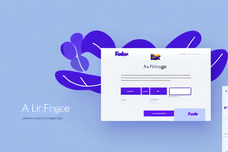 A stylized graphic showcases a webpage design with a light blue background. The FedEx Ship Manager logo tops the page, featuring text sections and input fields. Purple abstract shapes accentuate the background, while A LinFingoe appears on the left. Ideal for adding an LTL account efficiently.