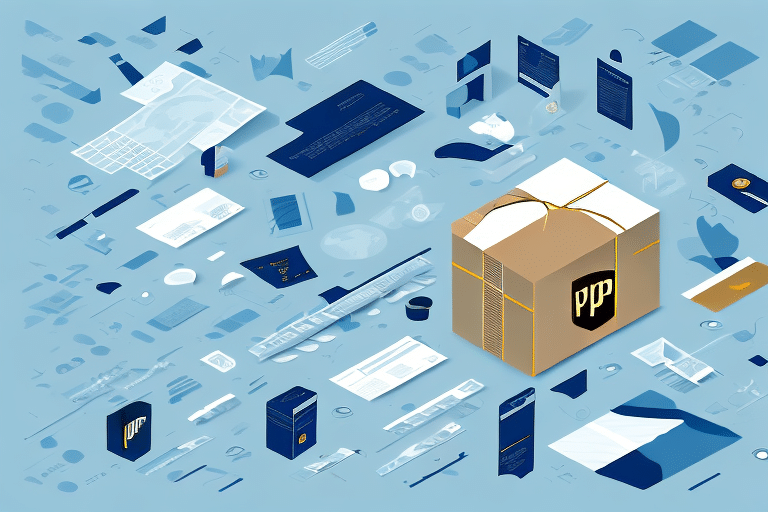 A large cardboard box with a PP logo is surrounded by various floating documents, envelopes, and packaging materials against a light blue background. The scene conveys a sense of organized efficiency, as if enhanced by UPS WorldShips meticulous handling and processing of items.