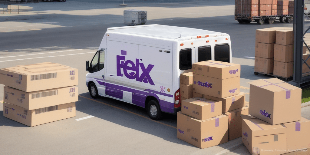 A FedEx delivery van, showcasing the iconic purple logo, is parked amidst large cardboard boxes in a bustling warehouse. This hub, likely managed with FedEx Ship Manager, streamlines logistics for easier shipping and efficient package handling.