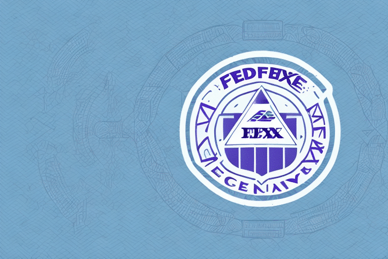 A blue and purple geometric design featuring a circular emblem with a triangle inside is reminiscent of the FedEx Ship Manager interface. The emblem contains a pattern of abstract symbols and letters, much like encrypted shipping insurance codes. The textured blue background echoes faint outlines of similar circular patterns.