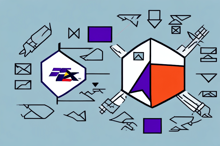 Abstract digital illustration with geometric shapes and arrows. A hexagon on the left contains a stylized TX logo, reminiscent of the FedEx Ship Manager interface. The right side features a multicolored polyhedron, all set against a light blue background.