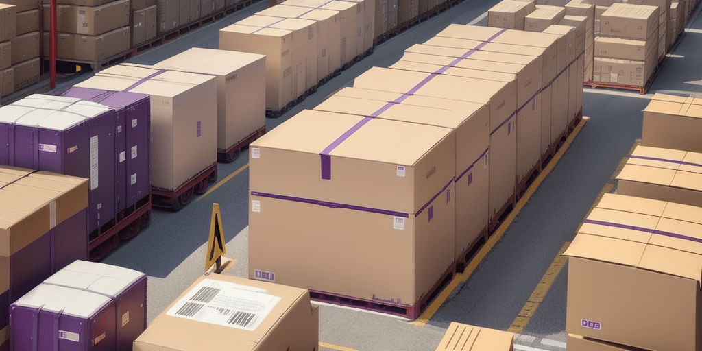 Rows of large cardboard boxes stacked on purple pallets are lined up in a warehouse-like setting, resembling a backup zone. The boxes are uniformly sealed with purple tape, and a small caution sign is visible between the rows on a gray floor.