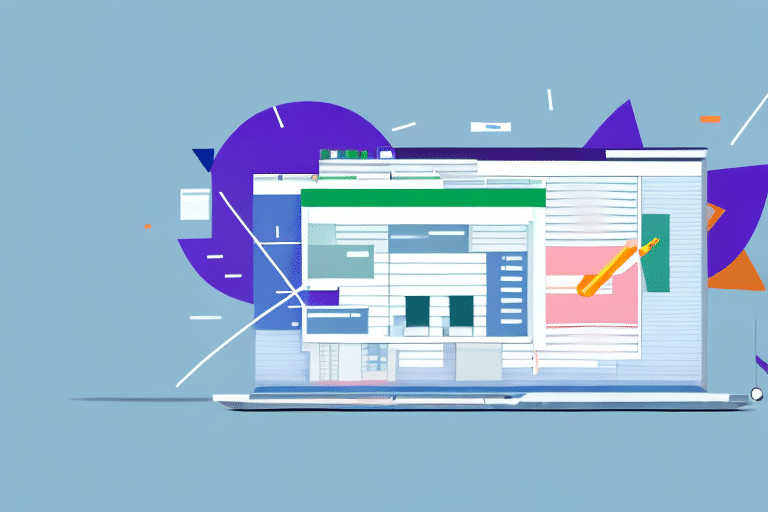 A laptop showcasing a vibrant digital artwork of overlapping geometric shapes in purple, green, blue, and orange comes alive on a solid light blue background. It feels like Batch Import Excel has transformed data into this dynamic visual masterpiece.