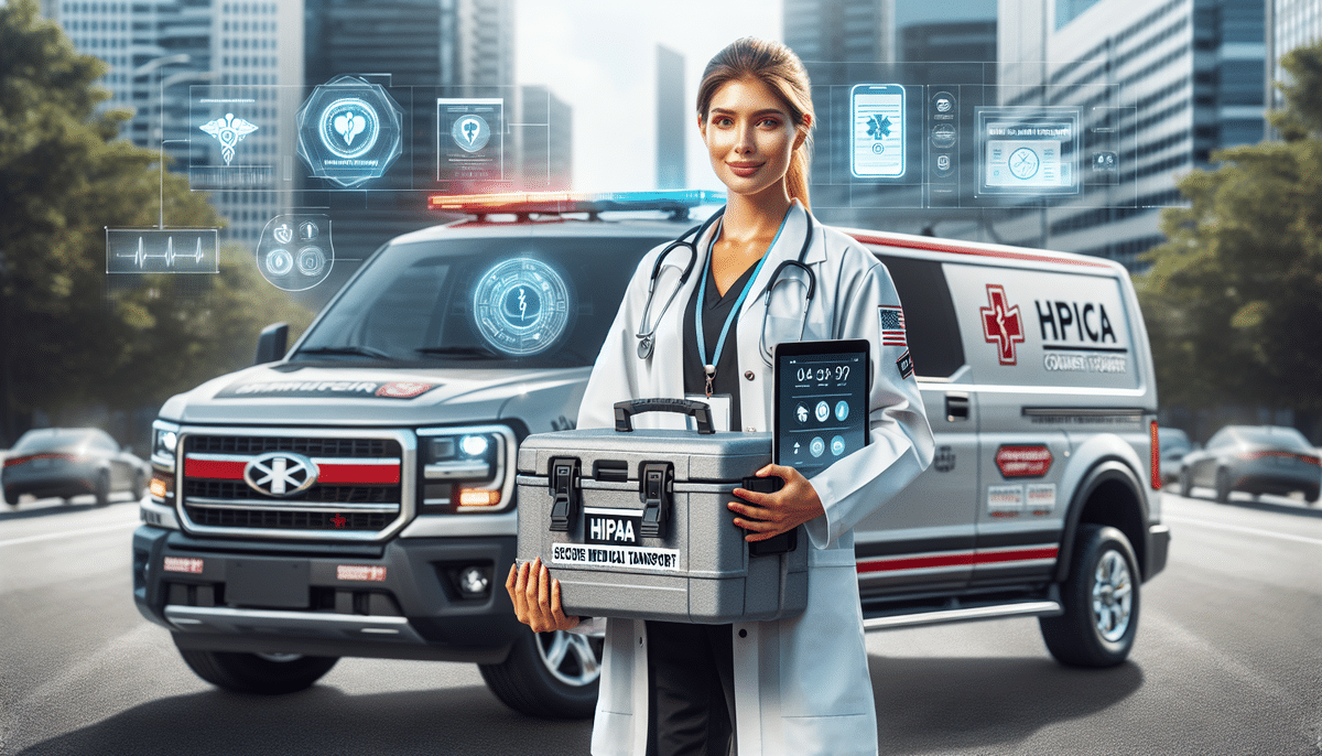 A doctor in a white coat stands on a city street, holding a secure medical transport container. She embodies the role of an independent medical courier, as behind her, a modern HPICA ambulance with digital medical icons floats above the scene, showcasing advanced technology in healthcare.