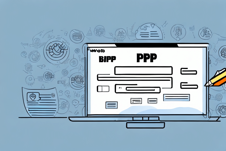 An illustration of a computer screen showcases text with large letters BIPP and PPP. The backdrop brims with icons and symbols tied to data and technology, while a hand holding a pencil subtly hints at logistics, as seen in advanced systems like UPS Worldship.