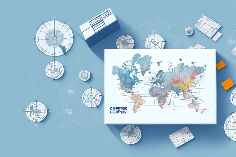 A map of the world on a white rectangular box against a blue background, surrounded by circular and rectangular charts. This scene suggests themes of geography or data analysis, like a step-by-step guide to navigate global insights efficiently.