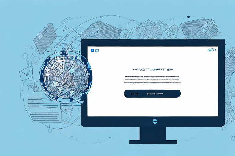 A computer screen displays a cryptic interface titled Wallet Computer. Intricate circuits and network symbols surround the screen, set against a blue background, suggesting themes of technology and digital transactions. A notification flashes a reminder to change email settings for enhanced security.