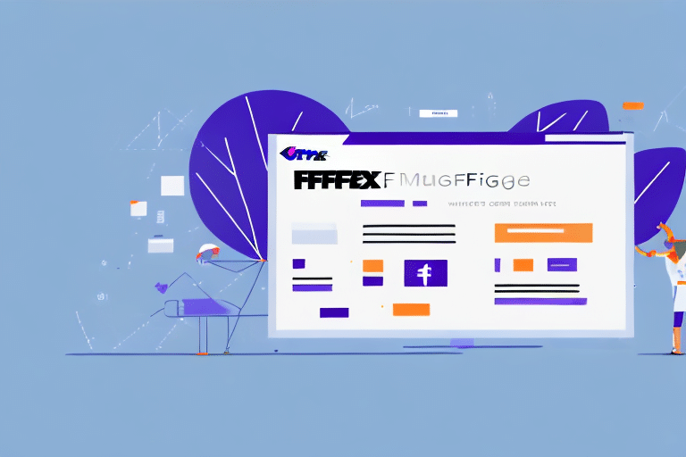 A person presents a large screen displaying a digital layout with various icons and text blocks against a blue abstract background, demonstrating how to change preferences in FedEx Ship Manager. The scene suggests a concept of digital design or technology presentation.