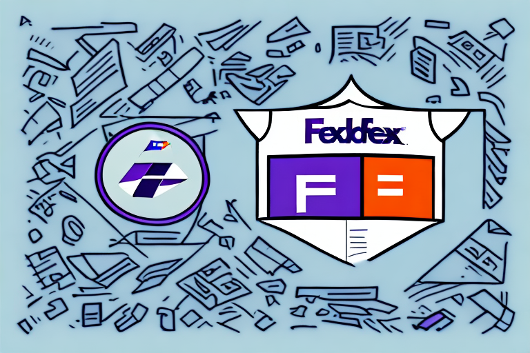 A stylized illustration features two logos, blending FedExs iconic signature requirements into the design. The left logo is circular with geometric shapes, while the right displays a shield with Fedfex and an FE design. Abstract lines dance around them on a light blue background, capturing the essence of shipments in motion.