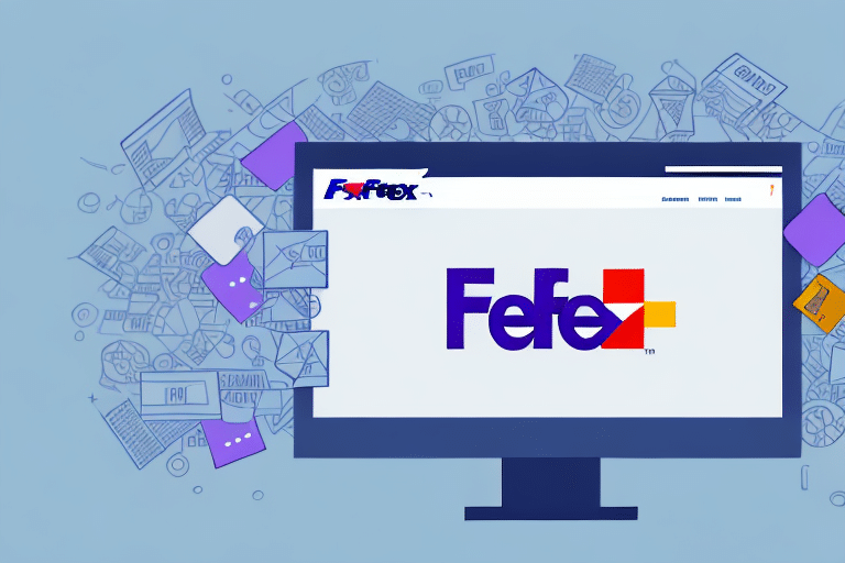 An illustration features a computer monitor displaying a parody logo Fefex reminiscent of the FedEx design. Surrounded by package icons against a light blue background, it humorously suggests using FedEx Ship Manager for those last-minute changes with ease.