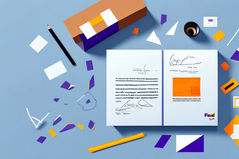 A workspace with a document and assorted stationery, including pens, paper scraps, a pencil, and a tape dispenser, is neatly organized on a light blue surface. A partially open box hints at FedEx Ship Manager use for easy shipping. The orange-and-purple theme adds vibrant energy.