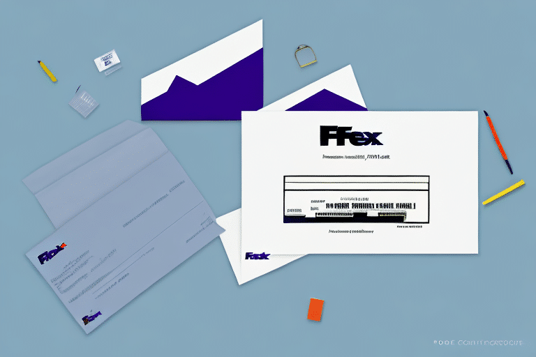A flat lay of FedEx branded materials, featuring envelopes, a shipping label, and stationery items like a pen, scissors, and a paperclip on a light blue surface. With FedEx Ship Manager tools at your fingertips, managing shipments and changing return addresses has never been easier.
