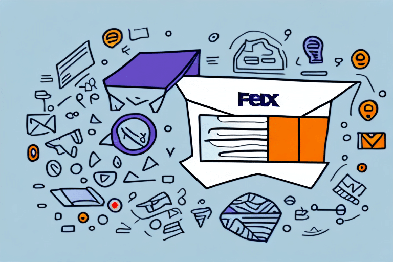 Illustration of a FedEx envelope, seamlessly integrated with the FedEx Ship Manager interface, surrounded by various mail-related icons and symbols like envelopes, magnifying glasses, and clocks on a light blue background.