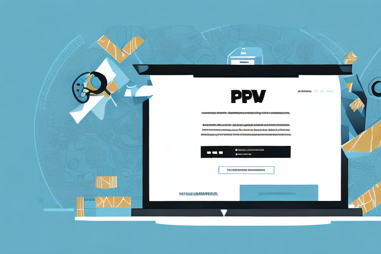 A stylized illustration of a laptop displaying the webpage titled PPV features UPS.com prominently on the screen. Abstract icons like gears, paper planes, and mail envelopes float against a blue background, emphasizing digital communication and the ease of managing tasks like a UPS address change.