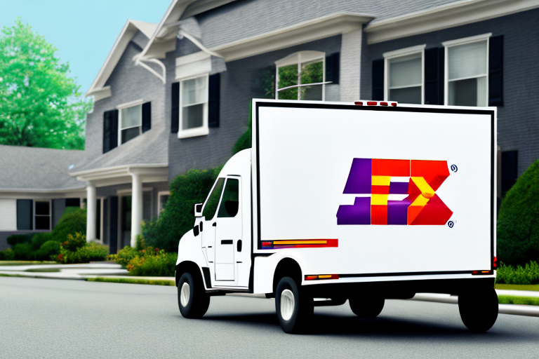 A FedEx delivery truck with a colorful geometric logo on its side is parked on a suburban street. In the background, modern houses boast well-maintained lawns and lush green trees. The sky is clear and bright. It’s a perfect day to learn how to change your delivery address effortlessly.