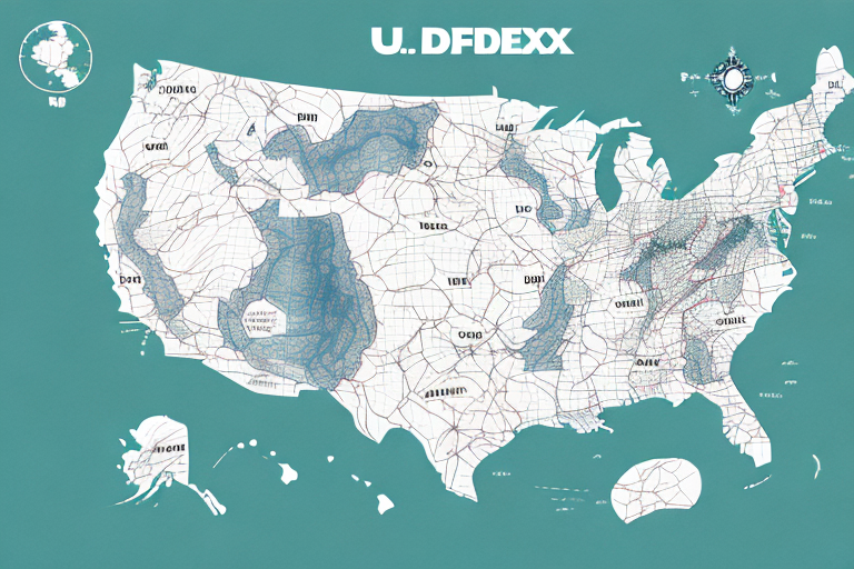 A stylized map of the United States features distorted state shapes and whimsical patterns, as if created by a playful cartographer after a Change Address mishap. States are labeled with mixed-up names, and a large compass rose sits in the upper right corner, all against a teal backdrop.