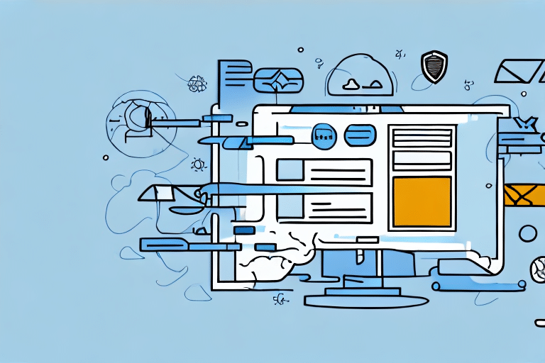 Abstract illustration of a computer screen surrounded by technological and cloud symbols, gears, and digital icons on a light blue background, representing the concept of cloud computing and digital technology. Integrate solutions like UPS Worldship for streamlined operations.