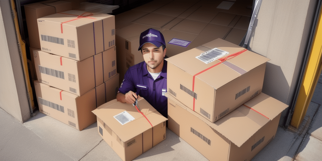 A delivery worker in a purple uniform sits amidst stacks of cardboard boxes with red straps. Holding a marker, he engages in address verification in the loading dock area, partially sheltered by an open roll-up door.