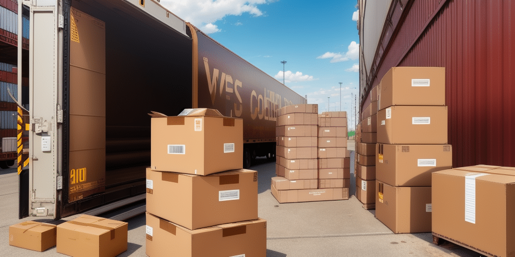 A large open truck is parked beside a warehouse, surrounded by numerous cardboard boxes, some stacked and others standing individually, indicating an ongoing loading or unloading process. Under the clear, sunny sky, workers check for UPS WorldShip updates to ensure seamless logistics.