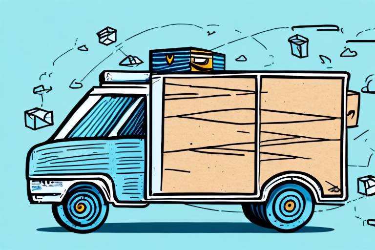 Illustration of an Amazon delivery truck driving with packages flying around it. The truck is blue with a beige cargo area, set against a light blue background. Flying boxes suggest speed and motion, highlighting Amazons swift delivery options.
