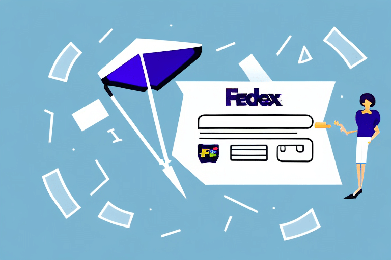 In an illustration set against a blue background, a woman is pointing at a large shipping document labeled FedEx. Surrounded by flying papers and a parachute, she prepares to make changes using the FedEx Ship Manager, confident with account numbers in hand.