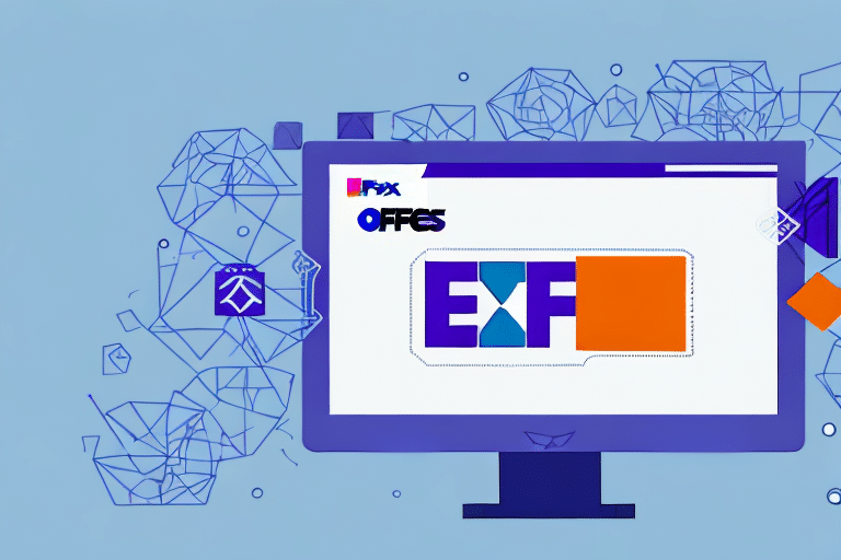 A computer monitor displays a colorful application interface with the letters EXF in bold, reminiscent of the vibrant tech-oriented design youd find on a FedEx Ship Manager screen. Geometric shapes and lines weave through, suggesting dynamic change and innovation in every pixel.