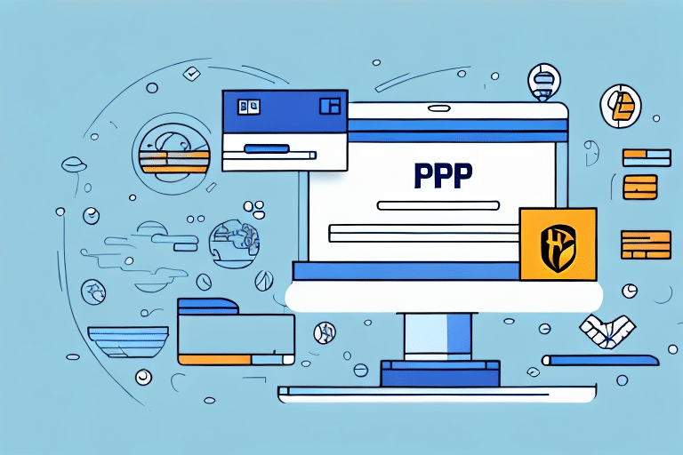 Illustration of a computer screen displaying PPP, with floating icons like credit cards, folders, and security symbols, set against a light blue background. A nod to change is evident as the scene subtly integrates elements reminiscent of UPS Worldship and shipping account management.