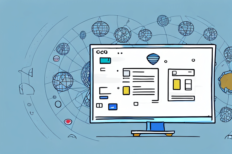 An illustration of a computer monitor displaying a web layout with abstract globe motifs and network lines on a blue background, symbolizing global connectivity and technology integration—ideal for a UPS WorldShip tutorial that guides users through checking the database location efficiently.