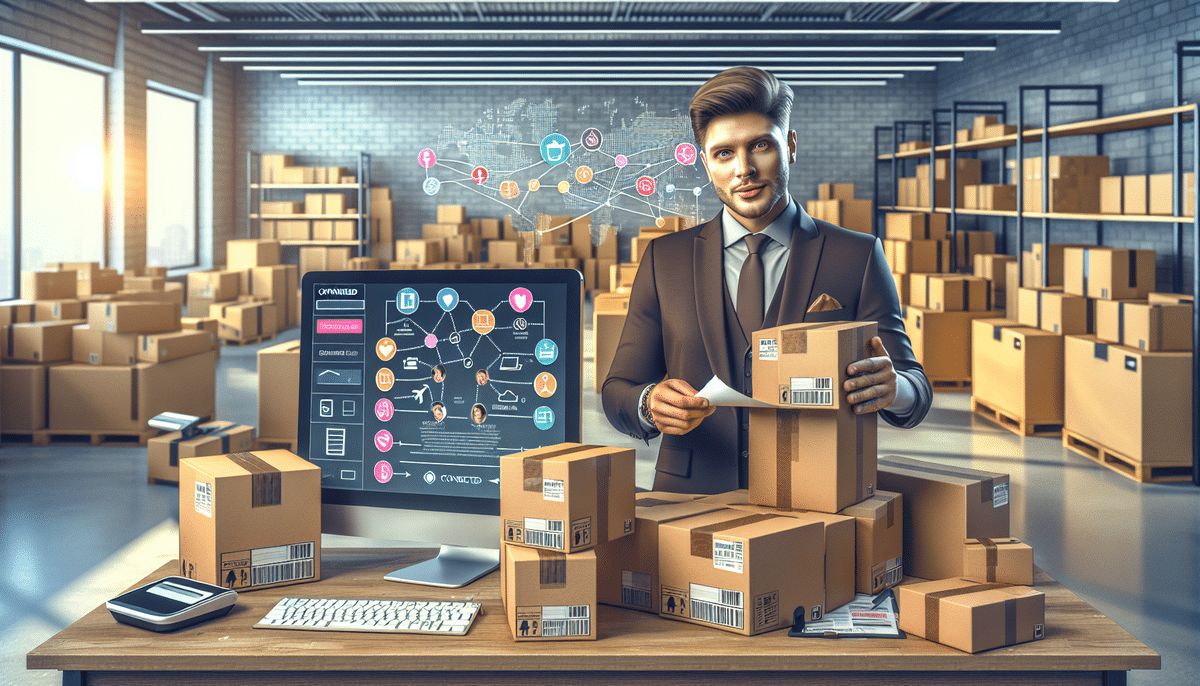 A man in a suit stands in a warehouse filled with stacked cardboard boxes, using UPS Worldship to organize packages on a table. A computer screen displays a digital network map, reminiscent of an Amazon logistics center. Large windows suggest natural light flooding the space.