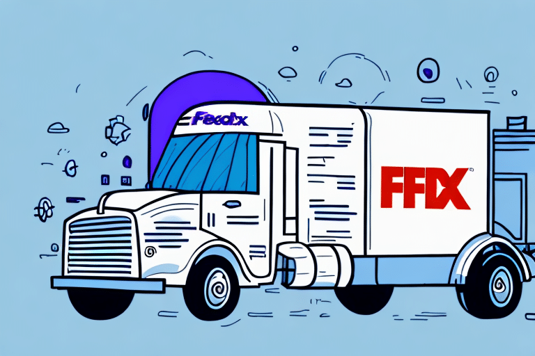 Illustration of a dynamic FedEx truck with the FFDX logo, set against a light blue background. The stylized design features bold lines and graphic elements like bubbles and shapes, creating a playful yet connected appearance that optimizes the brands vibrant image.