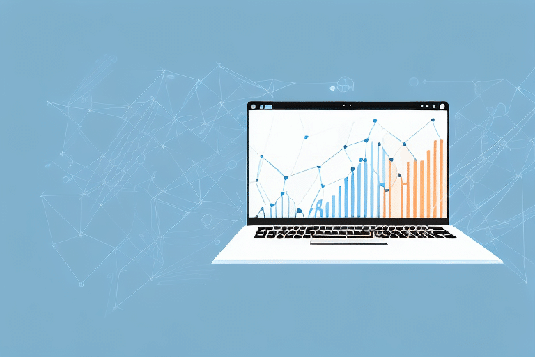 A laptop displaying a bar graph with blue and orange bars on the screen is shown. The background features a network of interconnected lines and nodes on a light blue backdrop, highlighting how to optimize and connect data efficiently.