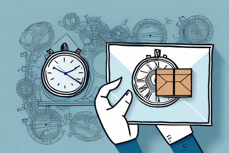A hand holds an envelope against a background of sketched clocks. The envelope reveals a circular image of a clock with Roman numerals and a ticking hand. A small brown package is placed on it, symbolizing time and delivery—perfect for illustrating the frustration of a late delivery or awaiting a UPS refund.