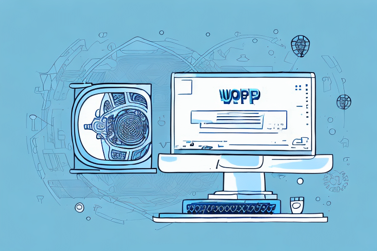 The illustration showcases a computer setup with WOPP on the screen, next to a vintage TV featuring a circular pattern. The blue background is alive with abstract designs and floating geometric shapes, inviting thoughts to uninstall UPS WorldShip from the scene.