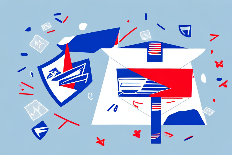 Abstract illustration featuring two stylized envelopes, reminiscent of Priority Mail, in red, blue, and white on a light blue background. Various abstract elements and shapes surround the envelopes, adding a dynamic and playful feel to the composition.
