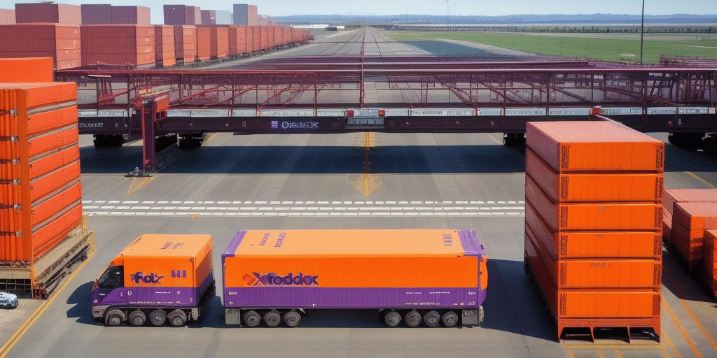 A bustling freight yard showcases a purple and orange semi-truck hauling a Todox container. Nearby, orange shipping containers are stacked under an overpass. In the distance, rail tracks stretch on, enhancing logistics with tools like FedEx Ship Manager in this industrial hub.