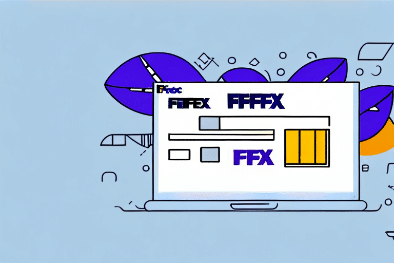 Illustration of an open laptop displaying abstract symbols and text resembling FFIX and FFX. Abstract shapes in blue and orange surround the screen, set against a light blue background, reminiscent of the interface on FedEx Ship Manager.