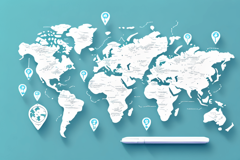 A UPS WorldShip Map illustration on a light blue background showcases map markers and a pen at the bottom. The stylized design includes location icons highlighting various points across different continents, perfect for those looking to copy and import routes efficiently.