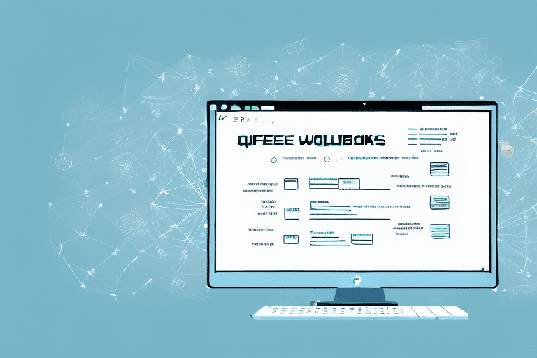 A computer monitor displays a QuickBooks website with a sleek design and various text elements. The background is a light blue with abstract white lines and dot patterns, creating a modern, tech-inspired atmosphere.